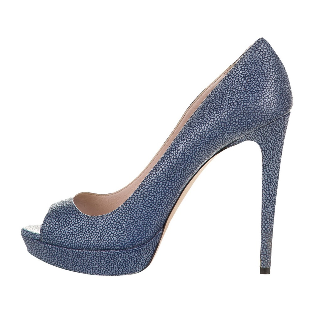 Miu Miu blue embossed peep-toe leather platform 5” pumps
